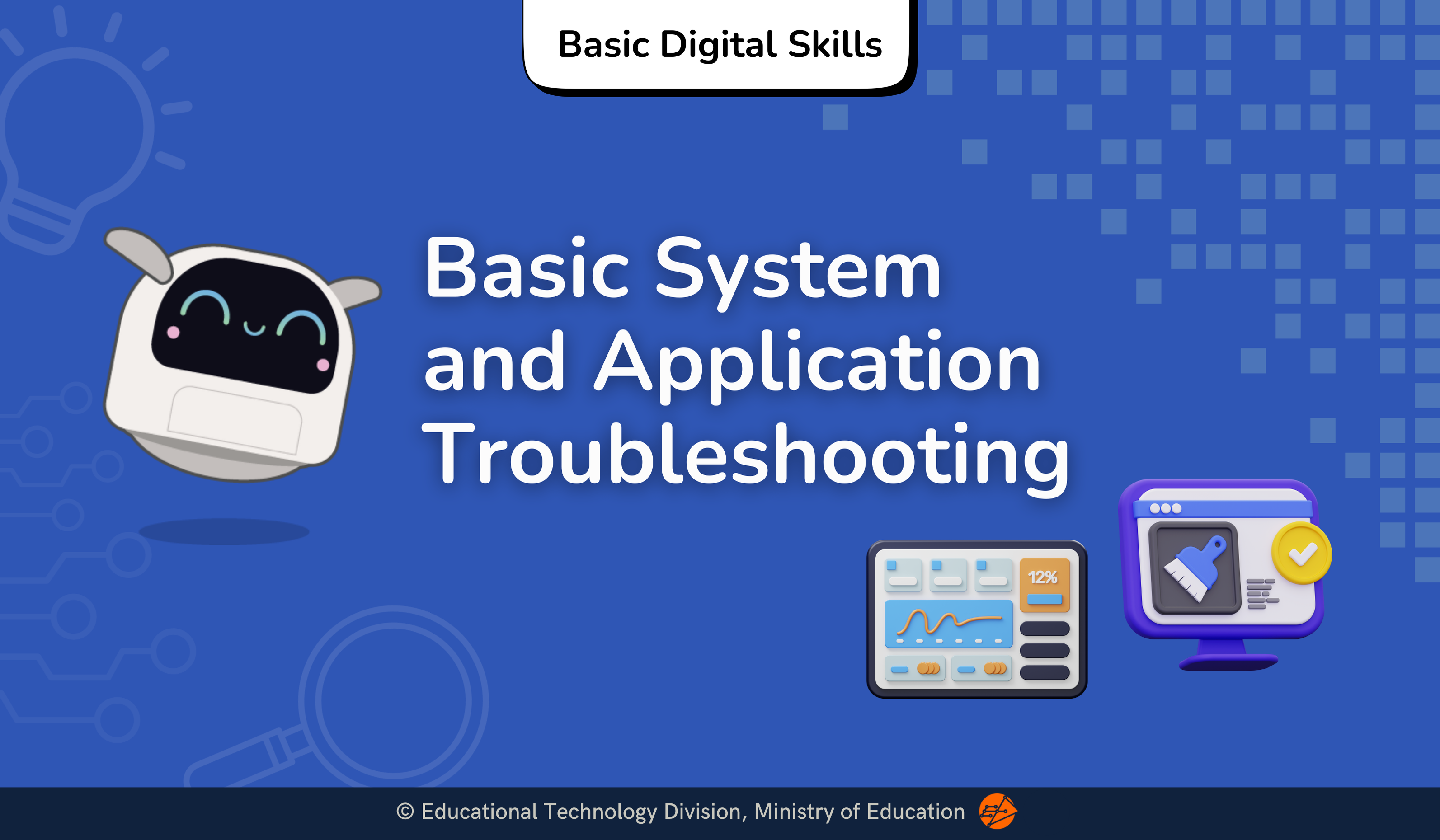 Title card for "Basic System and Application Troubleshooting" under "Basic Digital Skills," featuring Poodle the AI dogbot alongside 3D icons of a system performance dashboard and a computer maintenance screen.